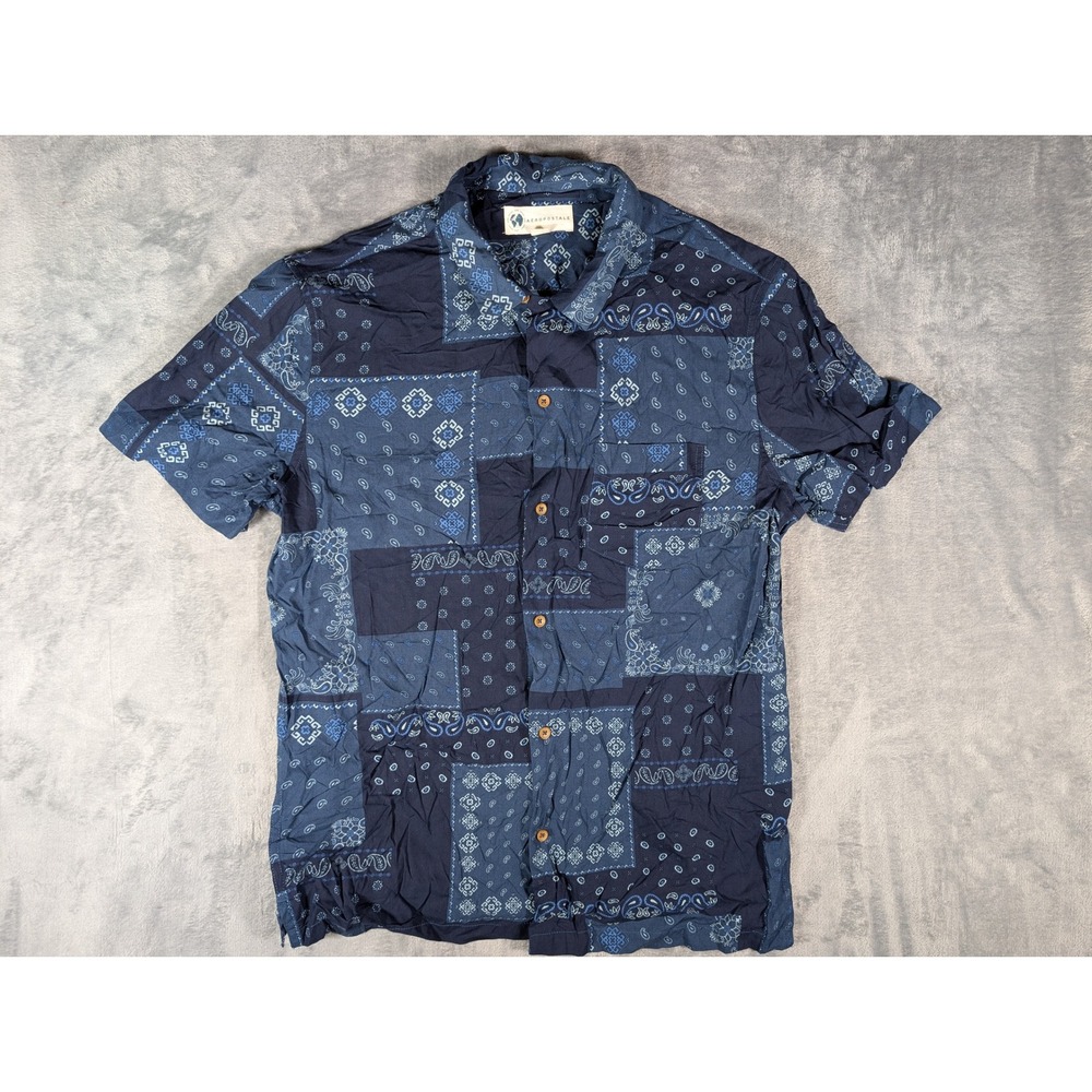 Aeropostale Mens Patchwork Bandana Paisley Viscose Button Up Shirt Large Navy